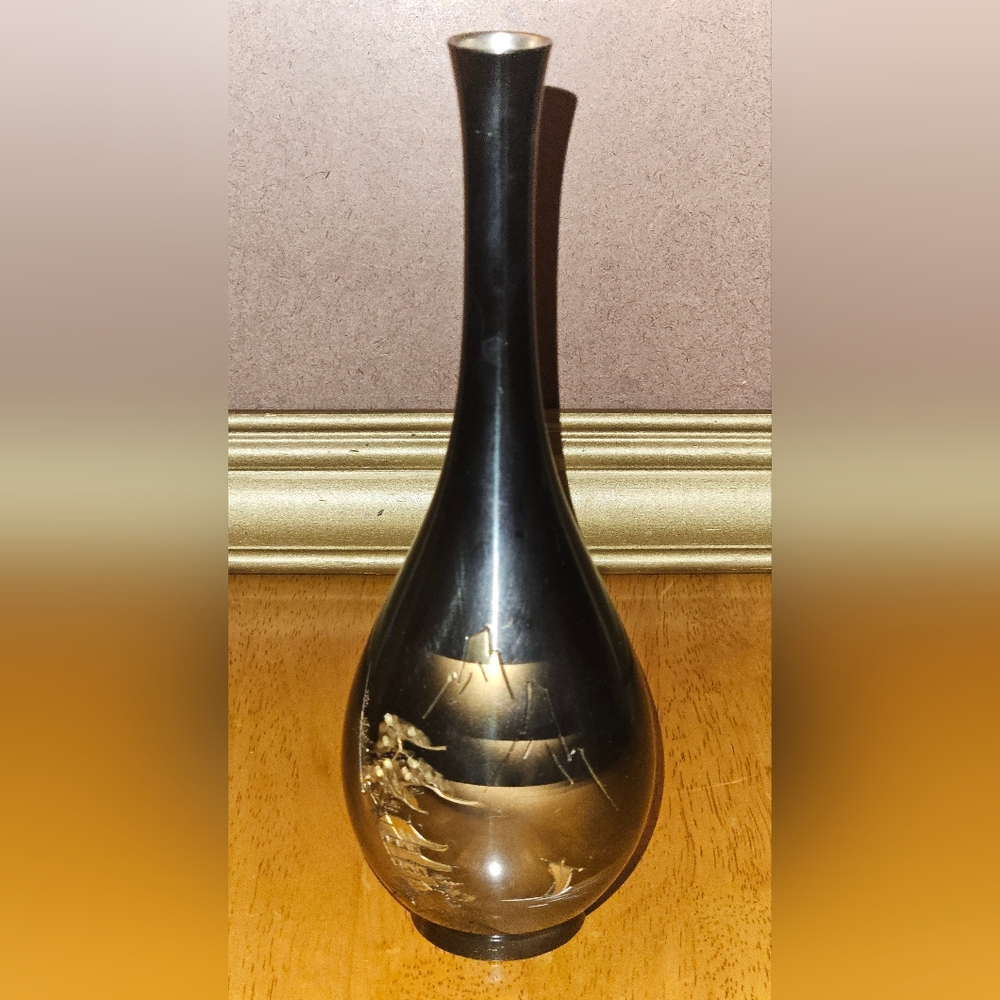 Vintage Japanese Chokin Bronze/Brass Etched Metal Bud Vase Pagoda